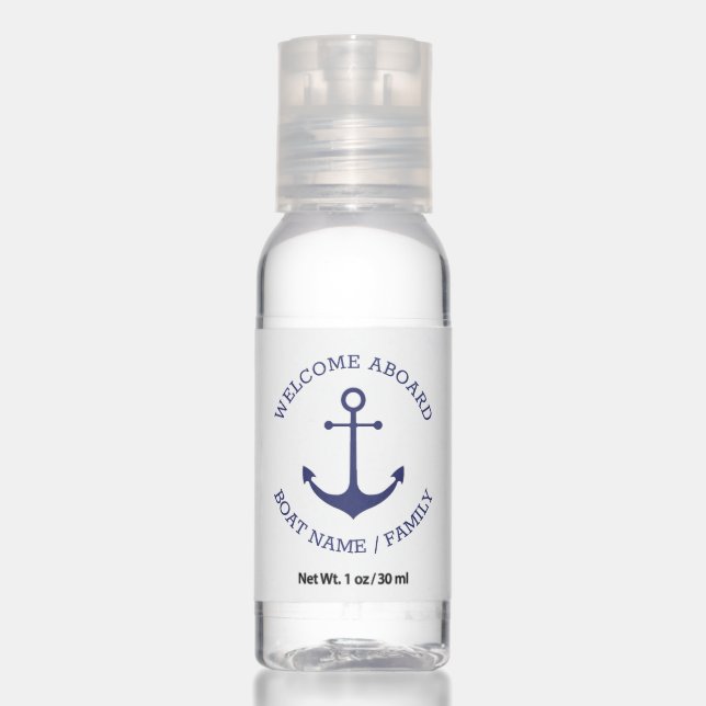 Custom Welcome Aboard nautical anchor blue white Hand Sanitizer (Front)