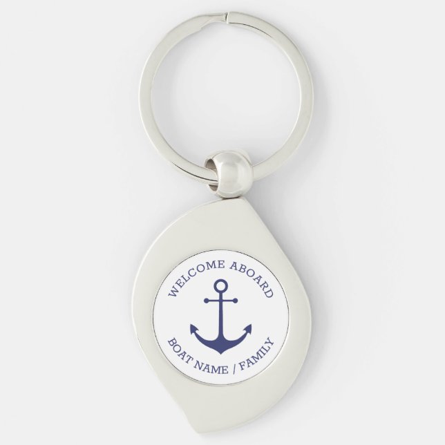 Custom Welcome Aboard nautical anchor blue white Keychain (Front)