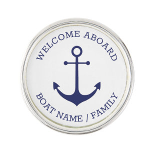 Custom Welcome Aboard nautical anchor blue white Lapel Pin