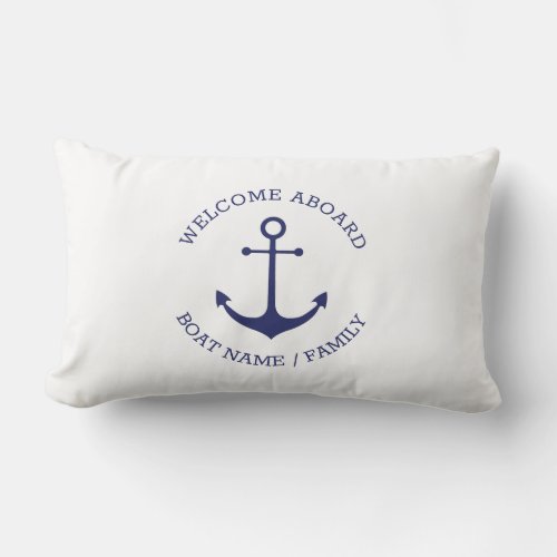 Custom Welcome Aboard nautical anchor blue white Lumbar Pillow