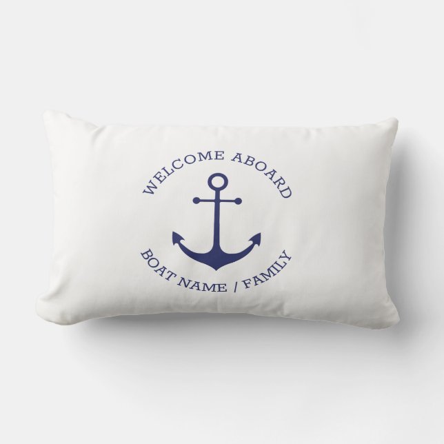 Custom Welcome Aboard nautical anchor blue white Lumbar Pillow (Front)