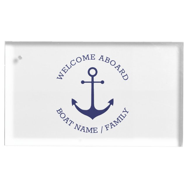 Custom Welcome Aboard nautical anchor blue white Place Card Holder (Front)