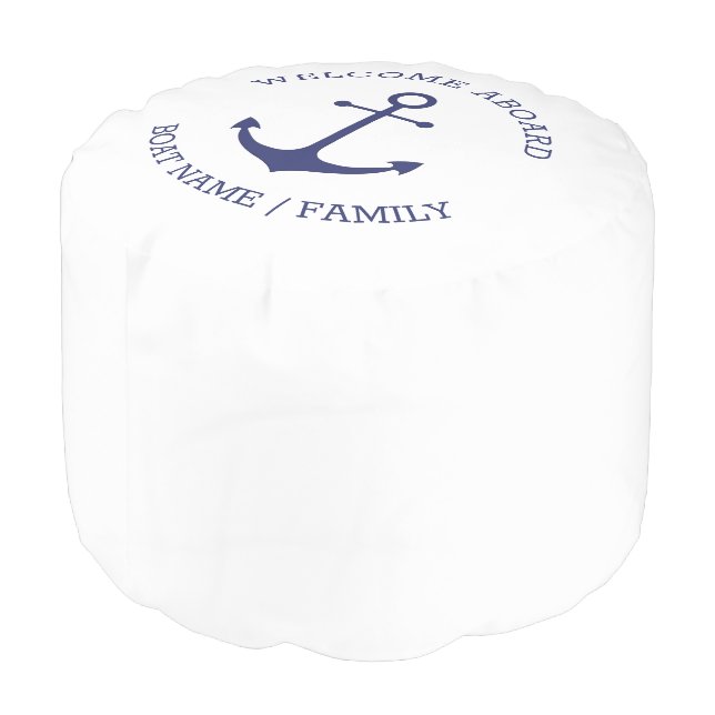 Custom Welcome Aboard nautical anchor blue white Pouf (Angled Back)
