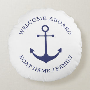 Custom Welcome Aboard nautical anchor blue white Round Pillow