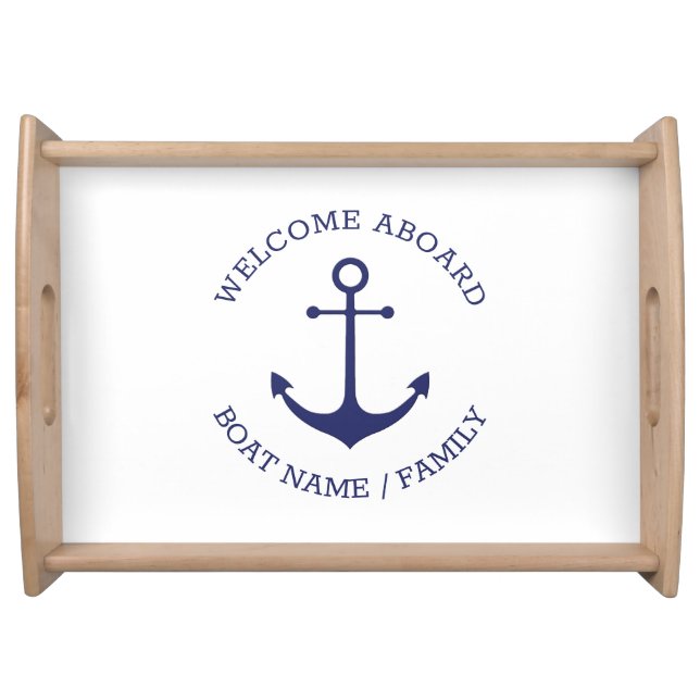 Custom Welcome Aboard nautical anchor blue white Serving Tray (Front)