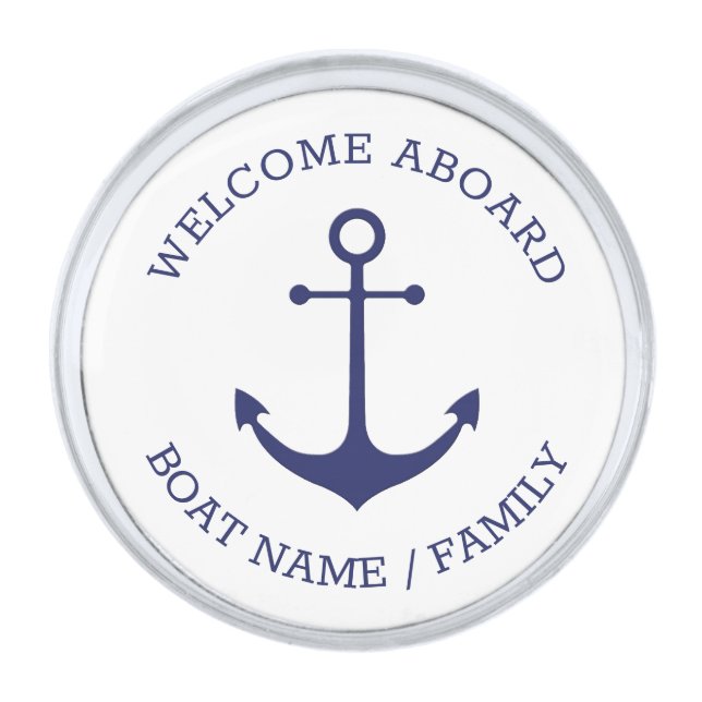 Custom Welcome Aboard nautical anchor blue white Silver Finish Lapel Pin (Front)