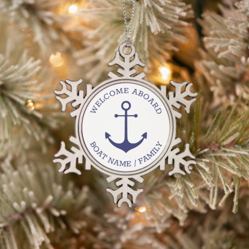 Custom Welcome Aboard nautical anchor blue white Snowflake Pewter Christmas Ornament