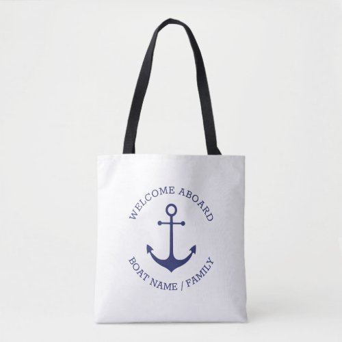 Custom Welcome Aboard nautical anchor blue white Tote Bag