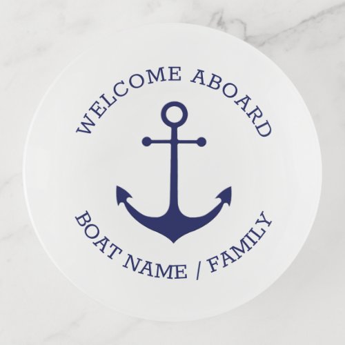 Custom Welcome Aboard nautical anchor blue white Trinket Tray