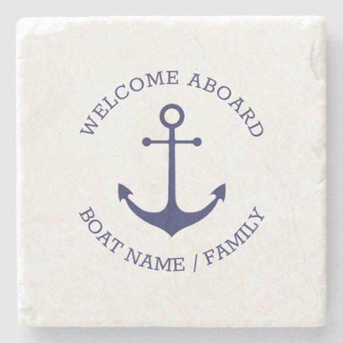 Custom Welcome Aboard nautical anchor navy blue  Stone Coaster