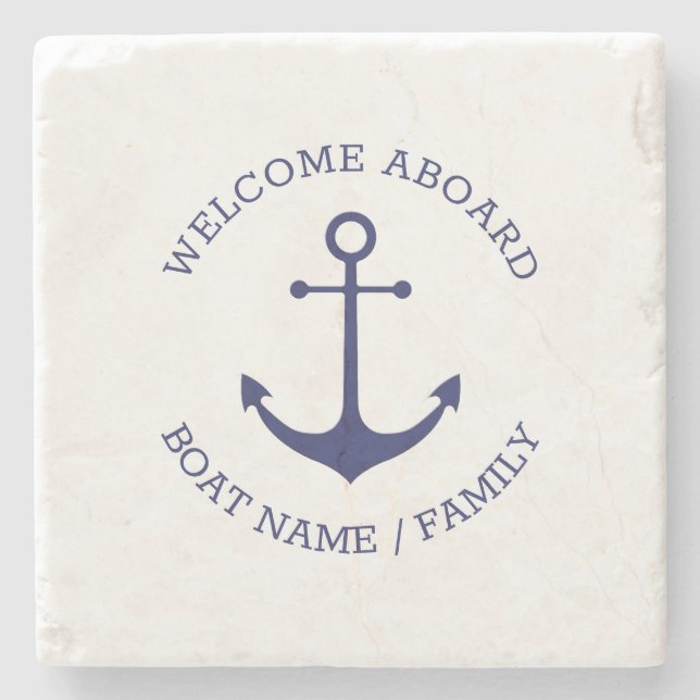 Custom Welcome Aboard nautical anchor navy blue  Stone Coaster (Front)