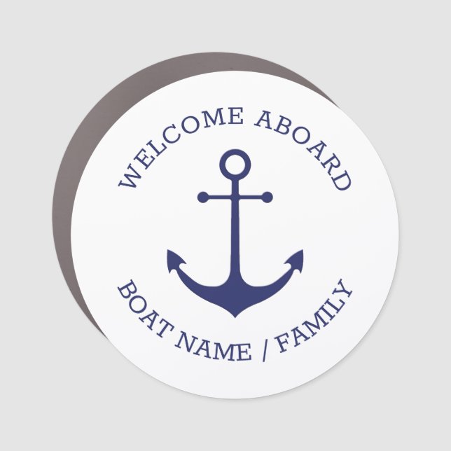 Custom Welcome Aboard nautical anchor navy white Car Magnet (Front)