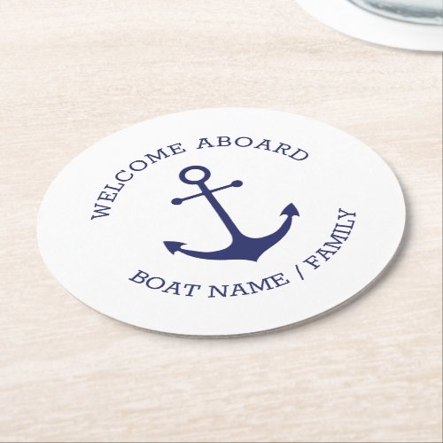 Custom Welcome Aboard nautical anchor navy white Round Paper Coaster
