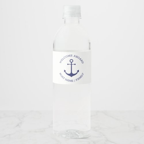 Custom Welcome Aboard nautical anchor navy white Water Bottle Label
