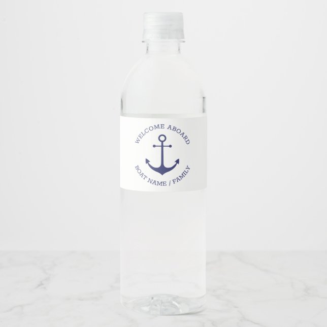 Custom Welcome Aboard nautical anchor navy white Water Bottle Label (Front)