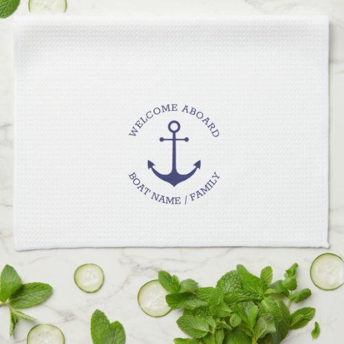Custom Welcome Aboard nautical navy blue anchor Kitchen Towel