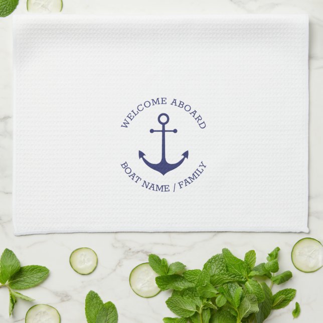 Custom Welcome Aboard nautical navy blue anchor Kitchen Towel (Folded)
