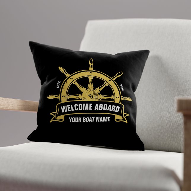 Custom Welcome Aboard Nautical Ship Wheel Black Throw Pillow (Creator Uploaded)