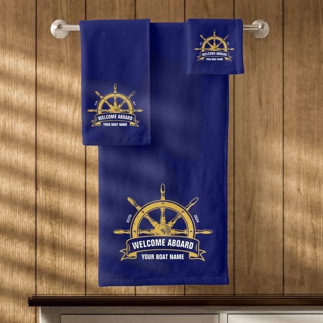 Custom Welcome Aboard Nautical Ship Wheel Blue Bath Towel Set (Creator Uploaded)