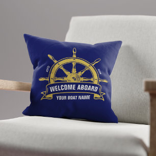 Custom Welcome Aboard Nautical Ship Wheel Blue Throw Pillow