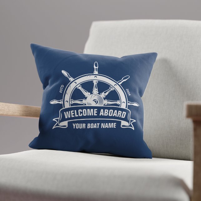 Custom Welcome Aboard Nautical Ship Wheel Blue Throw Pillow (Creator Uploaded)