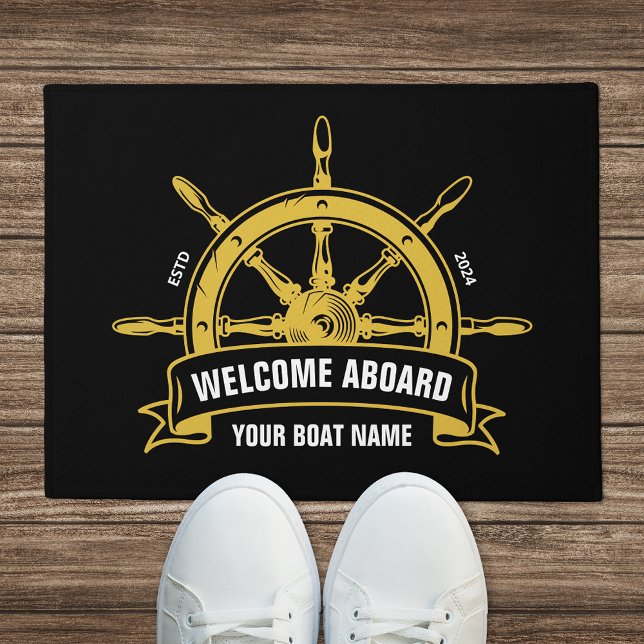 Custom Welcome Aboard Nautical Wheel Black & Gold Doormat (Creator Uploaded)