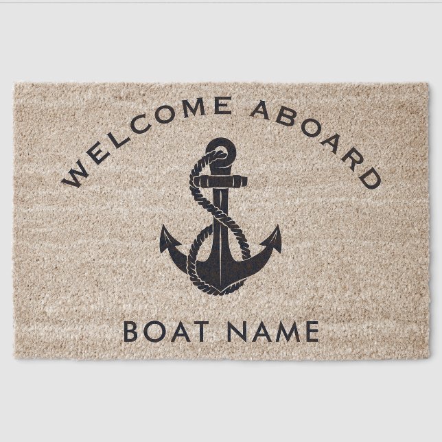 Custom Welcome Aboard Navy Blue Name Anchor Fiber Doormat (Front)