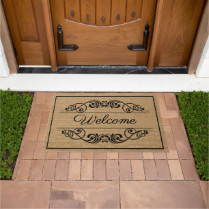 Custom Welcome Antique Floral Scroll Faux Burlap Doormat