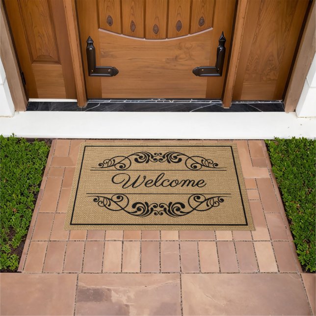 Custom Welcome Antique Floral Scroll Faux Burlap Doormat (Outdoor)