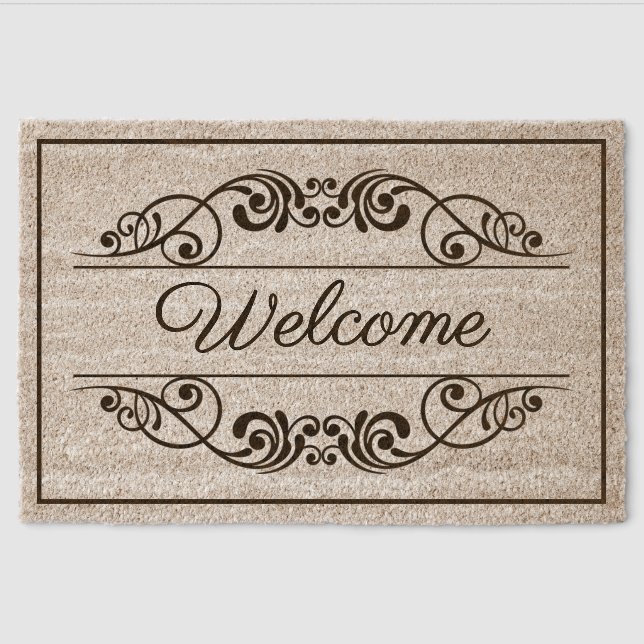 Custom Welcome Antique Floral Scroll On Coir Fiber Doormat (Front)