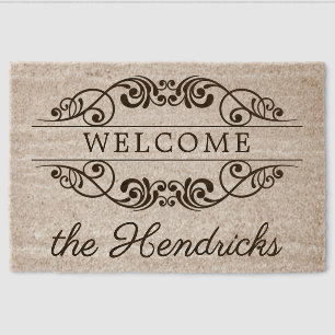 Custom Welcome Antique Floral Scroll On Coir Fiber Doormat
