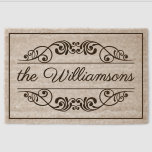 Custom Welcome Antique Floral Scroll On Coir Fiber Doormat<br><div class="desc">Greet your guests with rustic elegance! This bespoke doormat features an antique filigree curved scroll border that can be personalized with your family name. Its ornate,  sophisticated,  and vintage appearance is perfect for enhancing the welcoming ambiance of a farmhouse-style front porch or patio.</div>