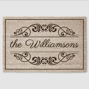 Custom Welcome Antique Floral Scroll On Coir Fiber Doormat