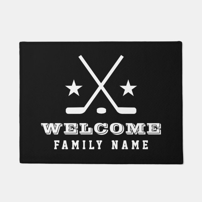 Custom welcome door mat with ice hockey sticks (Front)