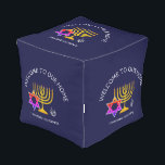Custom Welcome Hanukkah Outdoor Pouf<br><div class="desc">Stylish, modern HANUKKAH Outdoor Pouf. Design shows a gold colored MENORAH with multicolored STAR OF DAVID and silver gray DREIDEL. At the top there is curved text which says WELCOME TO OUR HOME and underneath the text reads HANUKKAH BLESSINGS. ALL TEXT IS CUSTOMIZABLE, so you can personalize with your own...</div>