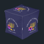 Custom Welcome Hanukkah Outdoor Pouf<br><div class="desc">Stylish, modern HANUKKAH Outdoor Pouf. Design shows a gold colored MENORAH with multicolored STAR OF DAVID and silver gray DREIDEL. At the top there is curved text which says WELCOME TO OUR HOME and underneath the text reads HANUKKAH BLESSINGS. ALL TEXT IS CUSTOMIZABLE, so you can personalize with your own...</div>