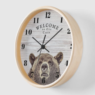 Custom Welcome Rustic Wood Cabin Peeking Bear  Clock