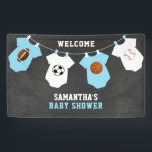 Custom Welcome Sports Theme BOY Baby Shower Banner<br><div class="desc">Lovely banner to decorate room or hall.  Sports theme baby shower for boys.  Blue and white colors with hanging baby clothes with football,  soccer,  basketball,  baseball.  Find all matching items for this theme in the collection.</div>