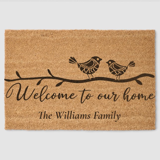 Custom WELCOME to Our Home Birds Tree Branch Coir Fiber Doormat (Front)