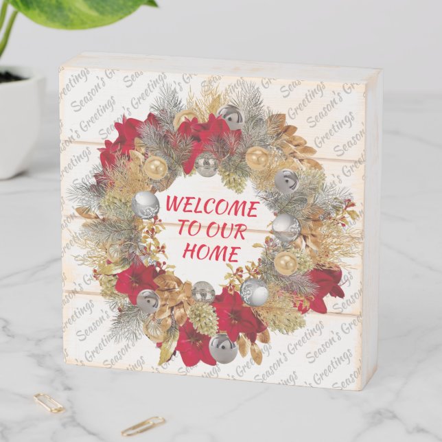 Custom WELCOME TO OUR HOME | Christmas Wreath Wooden Box Sign (In Situ Horizontal)