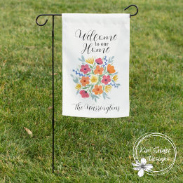 Custom "Welcome to Our Home" Watercolor Florals Garden Flag