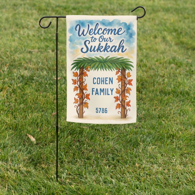 Custom Welcome to Our Sukkah Personalized Sukkot Garden Flag (In SItu)