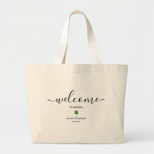 Custom Welcome Tropical leaf Destination Wedding Large Tote Bag