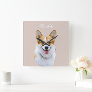 Custom Welsh Corgi Dog Personalized Drawing Square Wall Clock