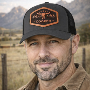Custom Western Cowboy Mesh Cap, Country Bull Skull Leather Patch Hat