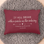 Custom Where It All Began Red Chic Valentine's Day Accent Pillow<br><div class="desc">Celebrate your love with this chic and romantic throw pillow featuring the location and date you met in ivory vintage typewriter lettering and script design alongside sweet hand-drawn arrows. Choose your own color and personalize this custom design with your own names and text. This would make the perfect gift for...</div>