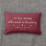 Custom Where It All Began Red Chic Valentine's Day Lumbar Pillow<br><div class="desc">Celebrate your love with this chic and romantic throw pillow featuring the location and date you met in ivory vintage typewriter lettering and script design alongside sweet hand-drawn arrows. Choose your own color and personalize this custom design with your own names and text. This would make the perfect gift for...</div>