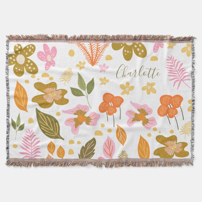 Custom Whimsical Floral Boho Autumn Orange Pink Throw Blanket (Front)