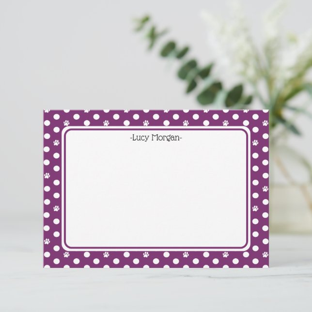 Custom Whimsical Paw Print Polka Dot Purple Note Card (Standing Front)
