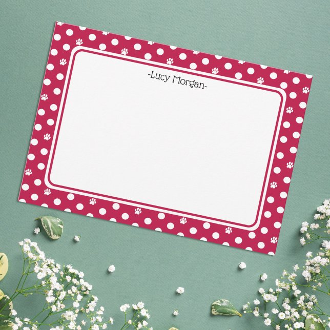 Custom Whimsical Paw Print Polka Dot Red Note Card (Creator Uploaded)